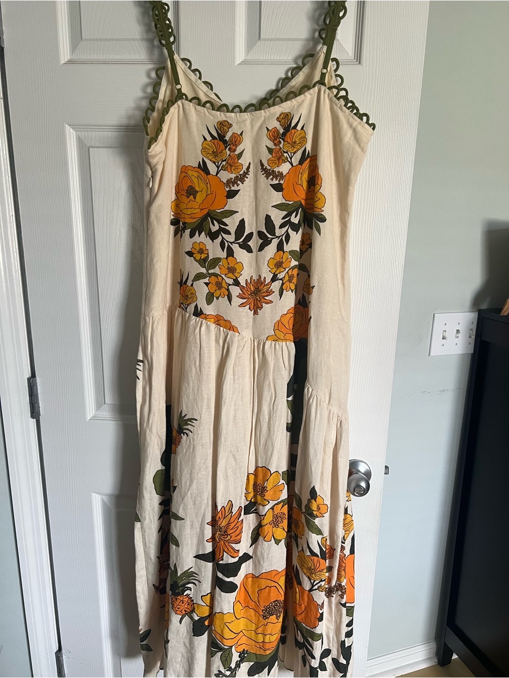 FARM Rio Cream Maxi Dress with Yellow Floral Print and Olive Scallop Straps - Picture 2 of 7